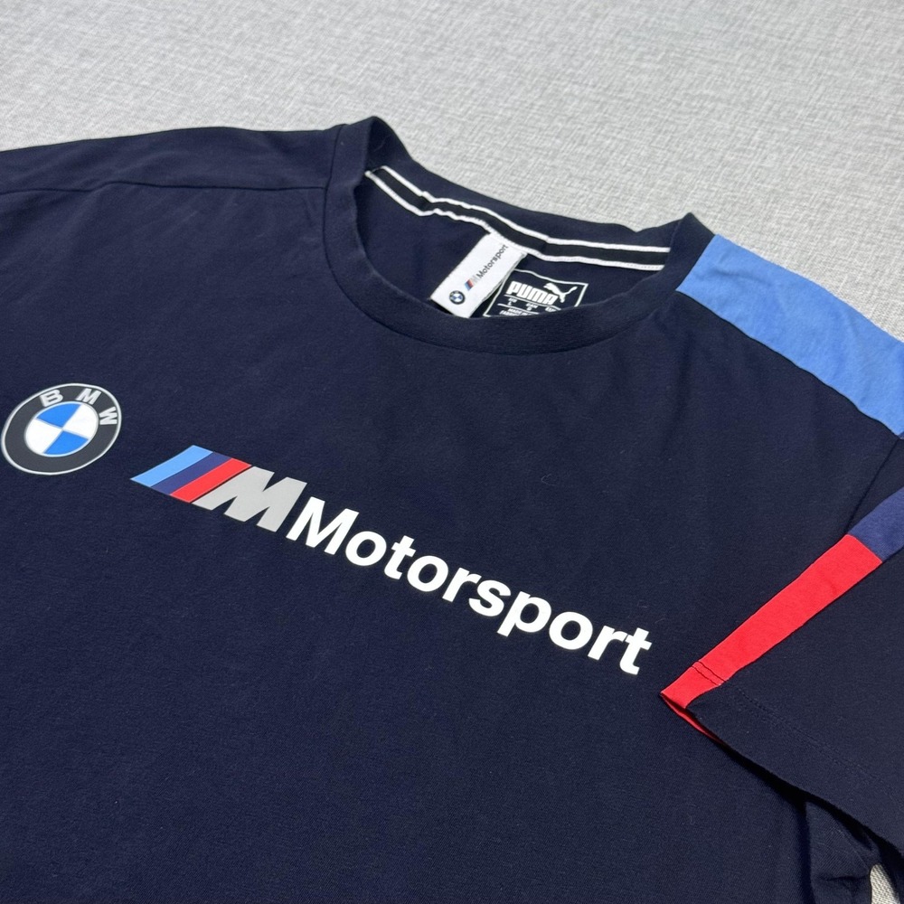 PUMA BMW Motorsport T-Shirt Mens L Blue Graphic Crew Neck Cotton Short Sleeve